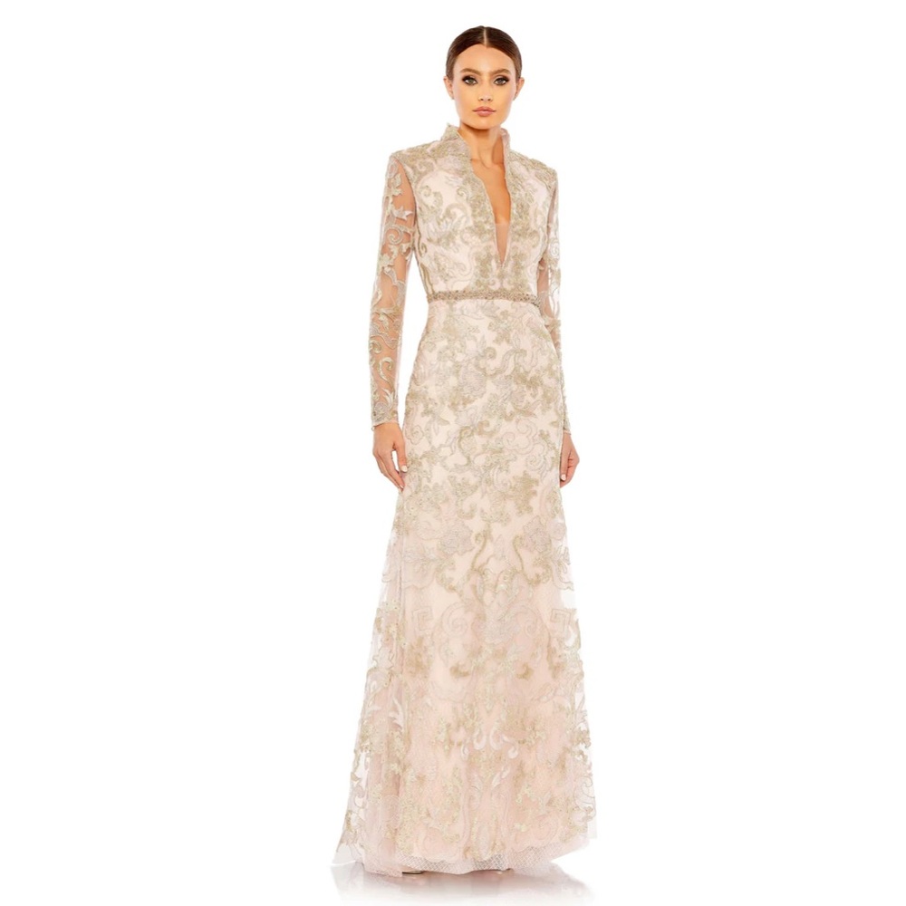 Mac Duggal 11165 Long Sleeve Applique V-Neck Gown